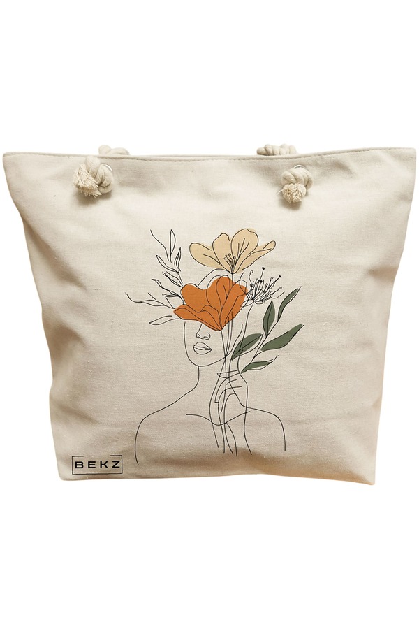 Geanta Canvas Tote pentru femei, Flower Lady 3, 40x51 cm, Bej, BEKZ® 11 Geanta Canvas Tote pentru femei