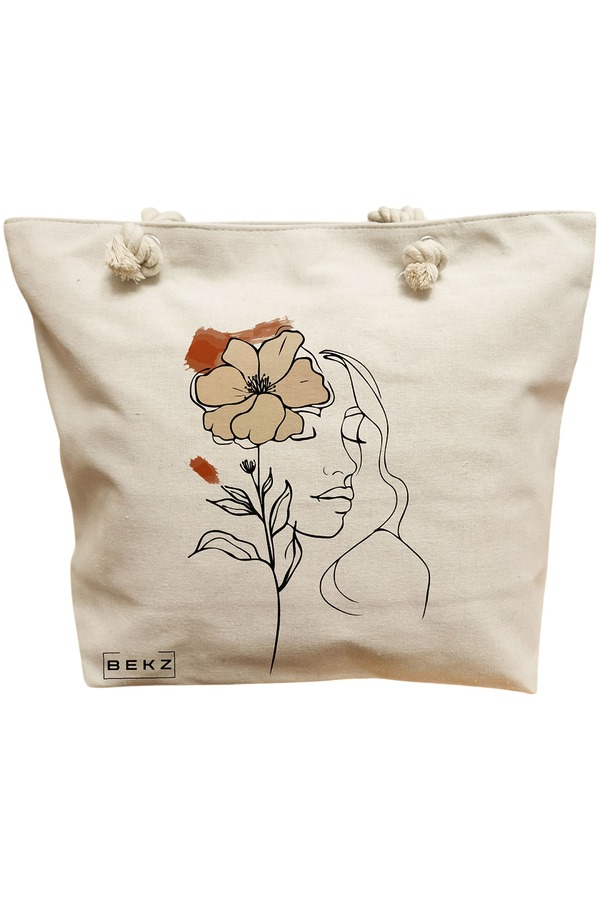 Geanta Canvas Tote pentru femei, Flower Lady 5, 40x51 cm, Bej, BEKZ® 11 Geanta Canvas Tote pentru femei