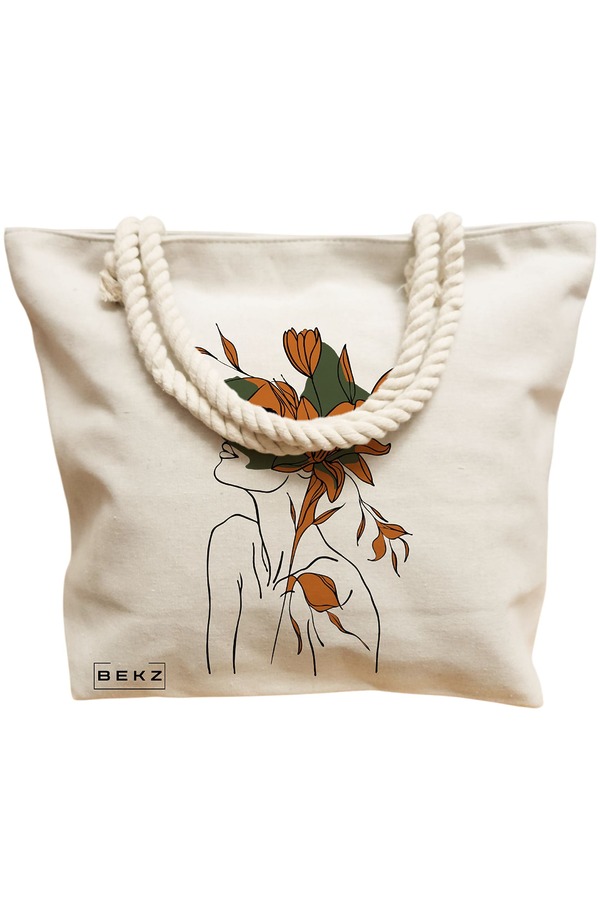 Geanta Canvas Tote pentru femei, Flower Lady 6, 40x51 cm, Bej, BEKZ® 12 Flower Lady 6