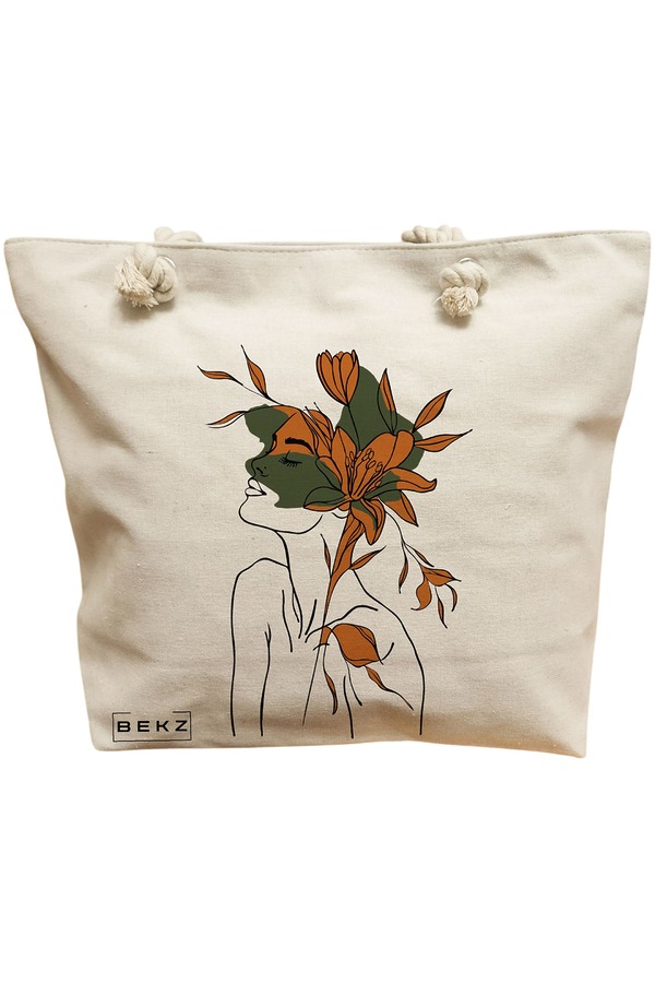 Geanta Canvas Tote pentru femei, Flower Lady 6, 40x51 cm, Bej, BEKZ® 11 Geanta Canvas Tote pentru femei