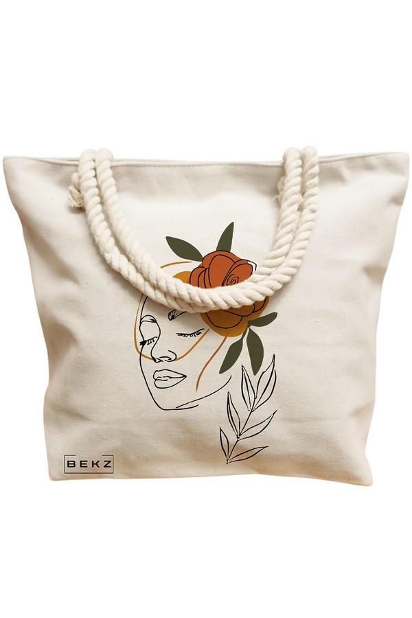 Geanta Canvas Tote pentru femei, Flower Lady 7, 40x51 cm, Bej, BEKZ® 12 Flower Lady 7