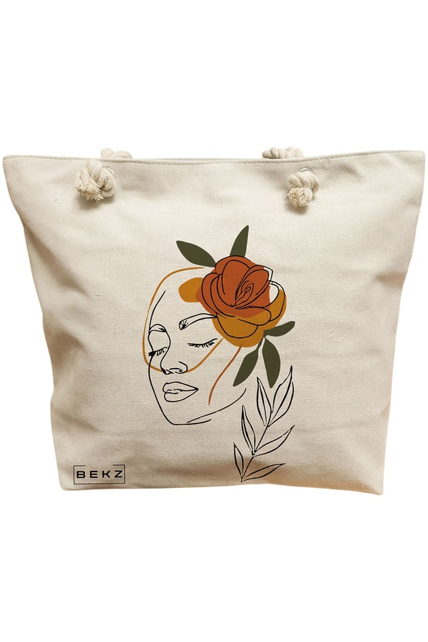 Geanta Canvas Tote pentru femei, Flower Lady 7, 40x51 cm, Bej, BEKZ® 11 Geanta Canvas Tote pentru femei