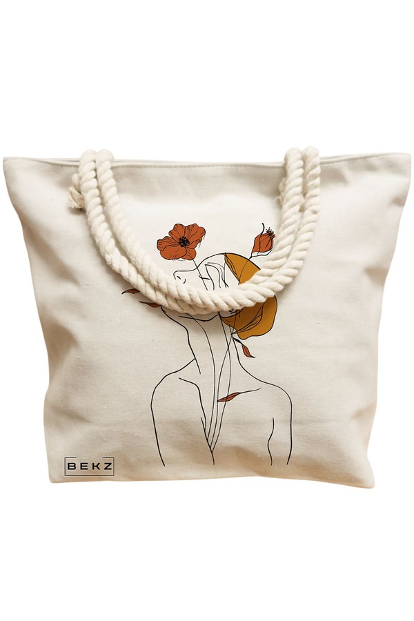 Geanta Canvas Tote pentru femei, Flower Lady 8, 40x51 cm, Bej, BEKZ® 12 Flower Lady 8