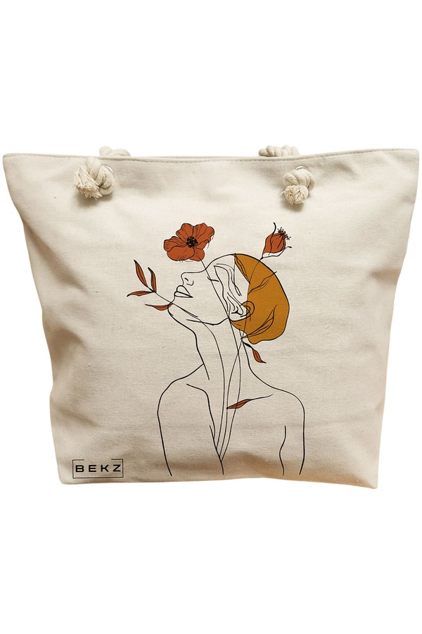 Geanta Canvas Tote pentru femei, Flower Lady 8, 40x51 cm, Bej, BEKZ® 11 Geanta Canvas Tote pentru femei