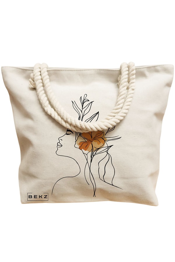 Geanta Canvas Tote pentru femei, Flower Lady 9, 40x51 cm, Bej, BEKZ® 12 Flower Lady 9