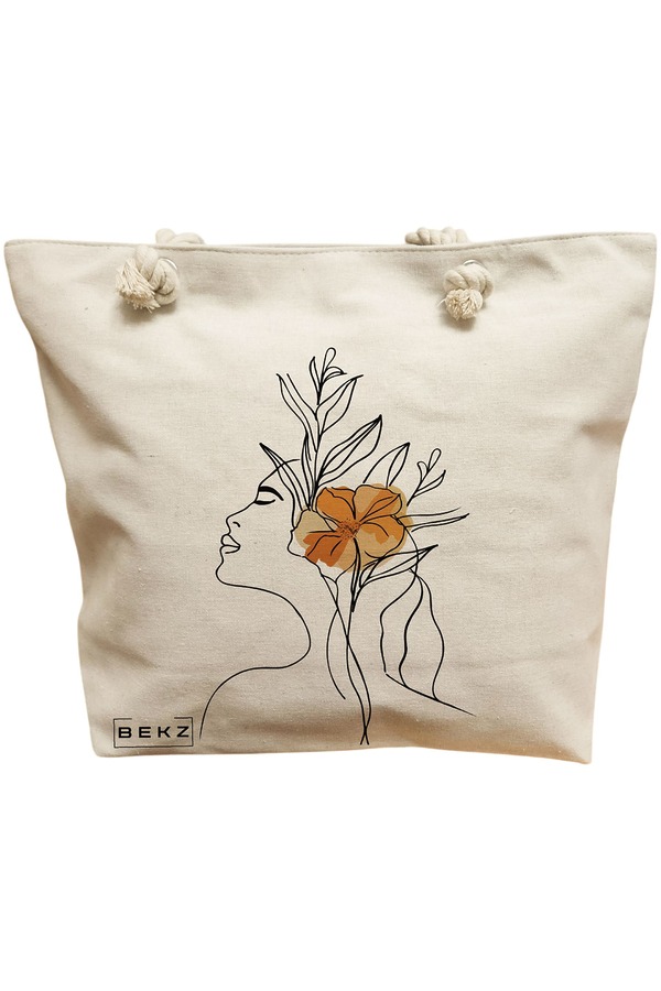 Geanta Canvas Tote pentru femei, Flower Lady 9, 40x51 cm, Bej, BEKZ® 11 Geanta Canvas Tote pentru femei