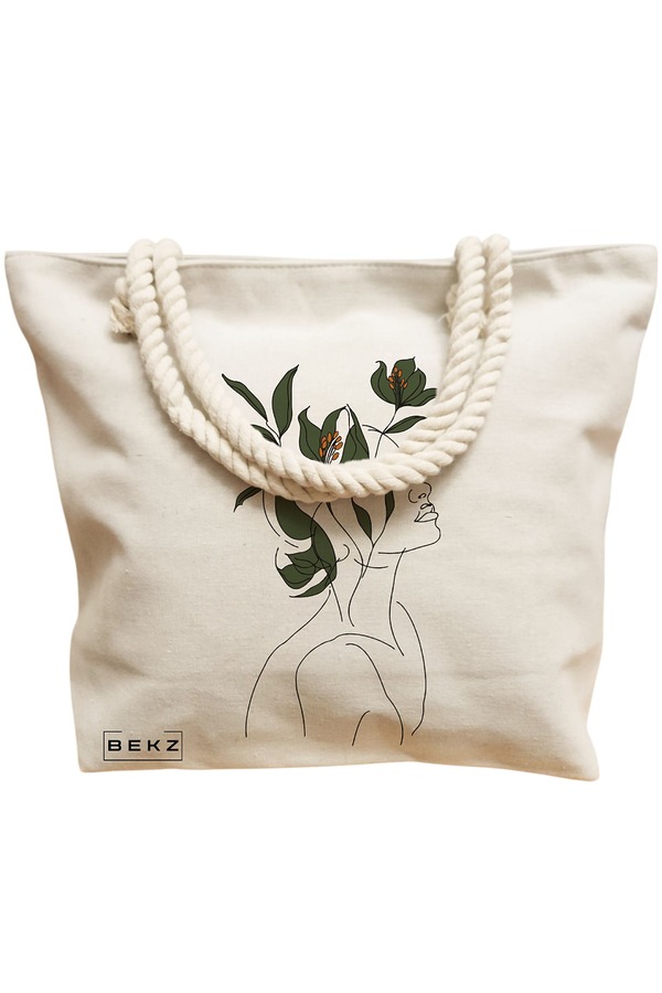 Geanta Canvas Tote pentru femei, Flower Lady 10, 40x51 cm, Bej, BEKZ® 12 Flower Lady 10