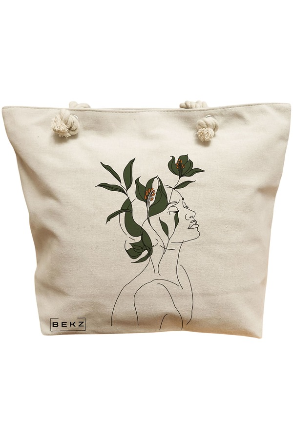 Geanta Canvas Tote pentru femei, Flower Lady 10, 40x51 cm, Bej, BEKZ® 11 Geanta Canvas Tote pentru femei