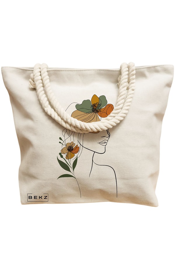 Geanta Canvas Tote pentru femei, Flower Lady 11, 40x51 cm, Bej, BEKZ® 12 Flower Lady 11