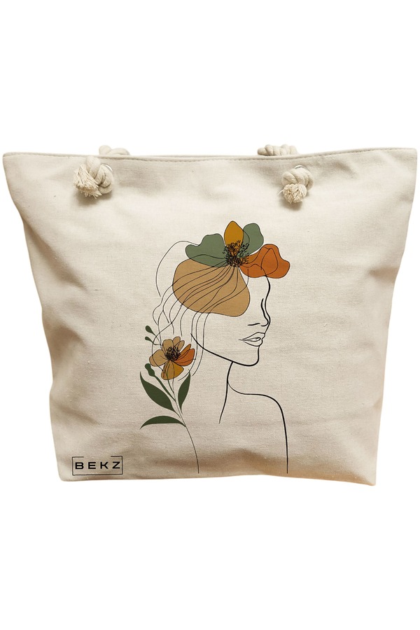 Geanta Canvas Tote pentru femei, Flower Lady 11, 40x51 cm, Bej, BEKZ® 11 Geanta Canvas Tote pentru femei