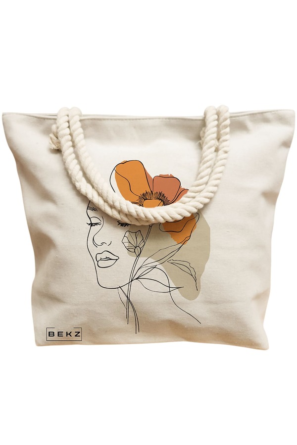 Geanta Canvas Tote pentru femei, Flower Lady 12, 40x51 cm, Bej, BEKZ® 12 Flower Lady 12