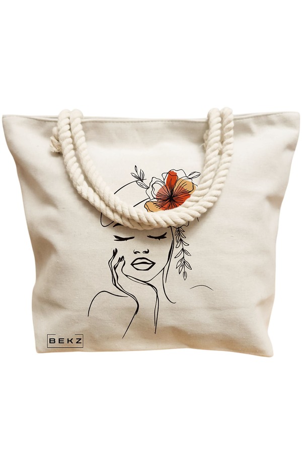 Geanta Canvas Tote pentru femei, Flower Lady 13, 40x51 cm, Bej, BEKZ® 12 Flower Lady 13