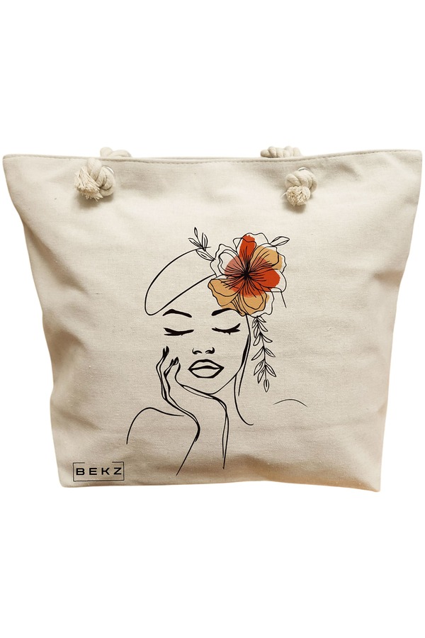 Geanta Canvas Tote pentru femei, Flower Lady 13, 40x51 cm, Bej, BEKZ® 11 Geanta Canvas Tote pentru femei