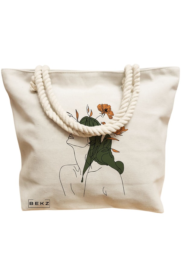 Geanta Canvas Tote pentru femei, Flower Lady 14, 40x51 cm, Bej, BEKZ® 12 Flower Lady 14