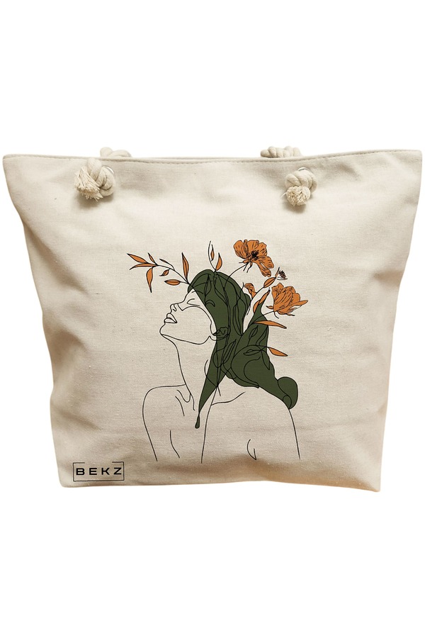 Geanta Canvas Tote pentru femei, Flower Lady 14, 40x51 cm, Bej, BEKZ® 11 Geanta Canvas Tote pentru femei
