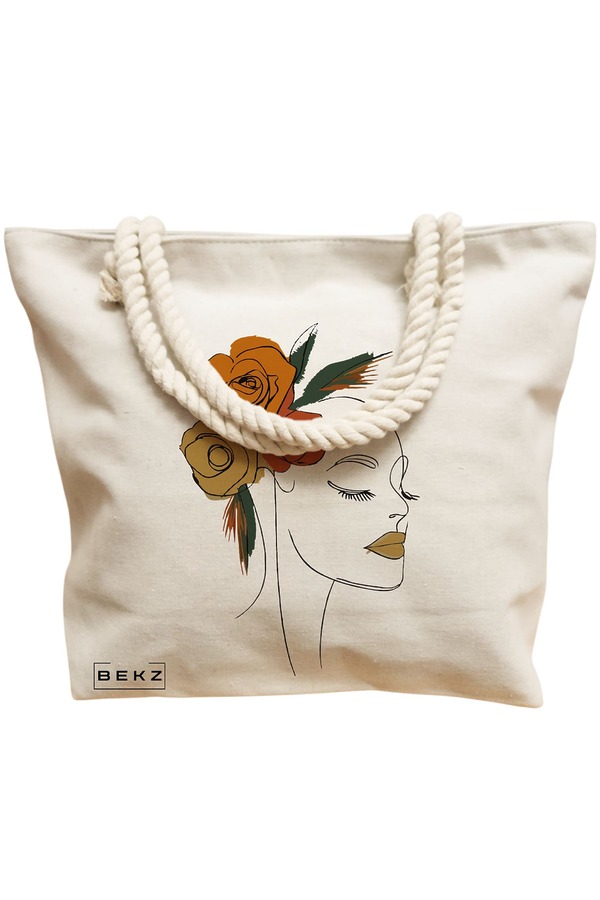 Geanta Canvas Tote pentru femei, Flower Lady 15, 40x51 cm, Bej, BEKZ® 12 Flower Lady 15