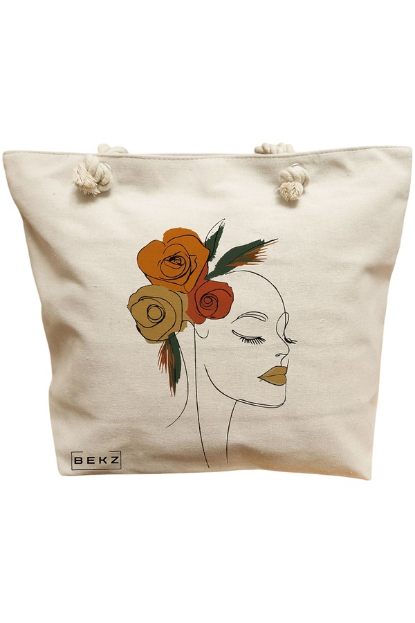 Geanta Canvas Tote pentru femei, Flower Lady 15, 40x51 cm, Bej, BEKZ® 11 Geanta Canvas Tote pentru femei