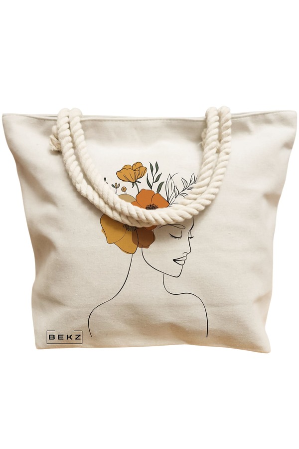Geanta Canvas Tote pentru femei, Flower Lady 16, 40x51 cm, Bej, BEKZ® 12 Flower Lady 16