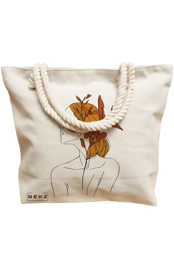 Geanta Canvas Tote pentru femei, Flower Lady 17, 40x51 cm, Bej, BEKZ® 12 Flower Lady 17