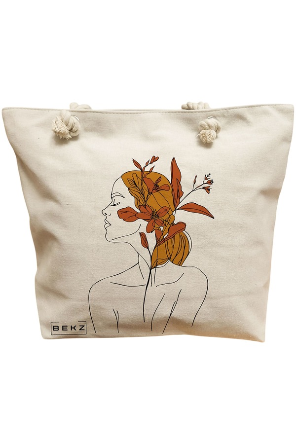 Geanta Canvas Tote pentru femei, Flower Lady 17, 40x51 cm, Bej, BEKZ® 11 Geanta Canvas Tote pentru femei