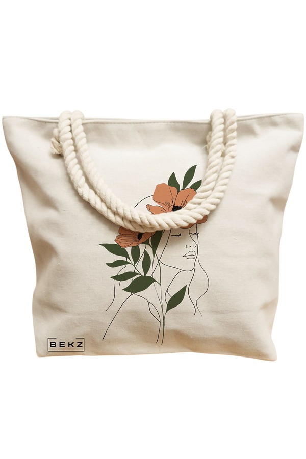 Geanta Canvas Tote pentru femei, Flower Lady 18, 40x51 cm, Bej, BEKZ® 12 Flower Lady 18