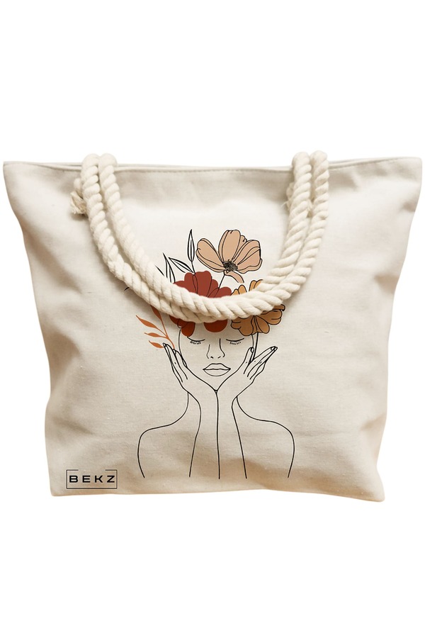 Geanta Canvas Tote pentru femei, Flower Lady 19, 40x51 cm, Bej, BEKZ® 12 Flower Lady 19