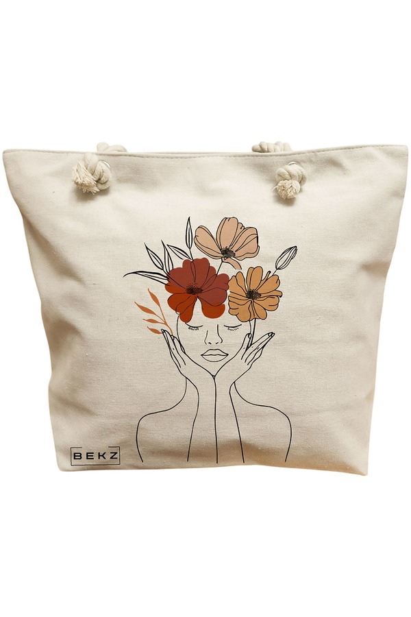 Geanta Canvas Tote pentru femei, Flower Lady 19, 40x51 cm, Bej, BEKZ® 11 Geanta Canvas Tote pentru femei