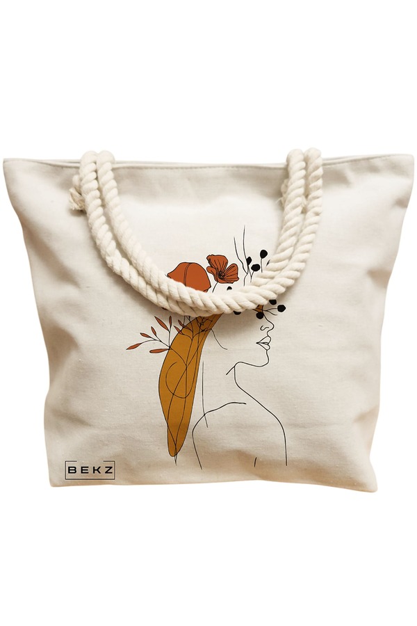 Geanta Canvas Tote pentru femei, Flower Lady 20, 40x51 cm, Bej, BEKZ® 12 Flower Lady 20