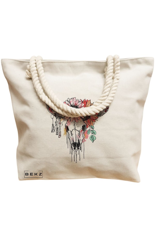 Geanta Canvas Tote pentru femei, Cu Design Floral, 40x51 cm, Bej, BEKZ® 12 Cu Design Floral