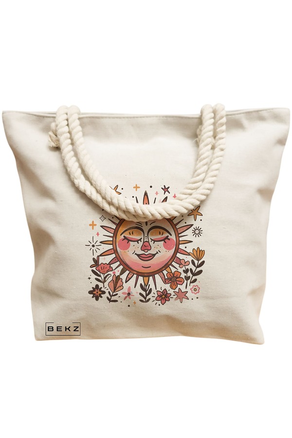 Geanta Canvas Tote pentru femei Happy Sun, 40x51 cm, Bej, BEKZ® 12 40x51 cm