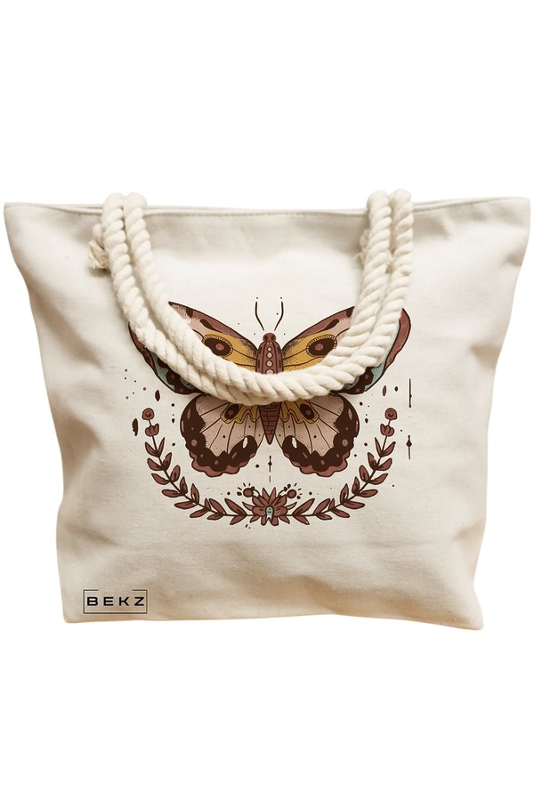 Geanta Canvas Tote pentru femei Brown Butterfly, 40x51 cm, Bej, BEKZ® 12 40x51 cm