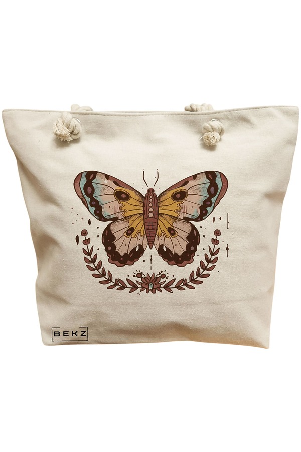 Geanta Canvas Tote pentru femei Brown Butterfly, 40x51 cm, Bej, BEKZ® 11 Geanta Canvas Tote pentru femei Brown Butterfly