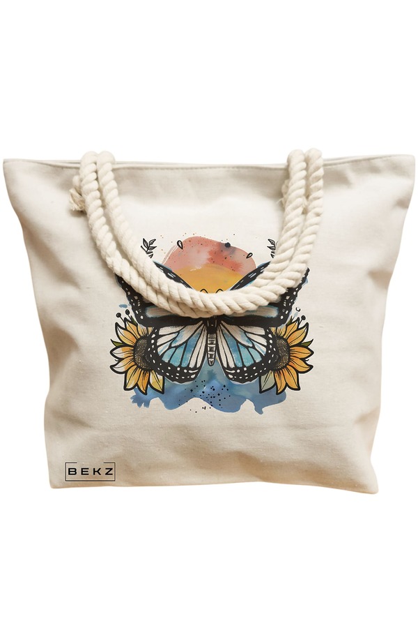 Geanta Canvas Tote pentru femei Blue Butterfly, 40x51 cm, Bej, BEKZ® 12 40x51 cm