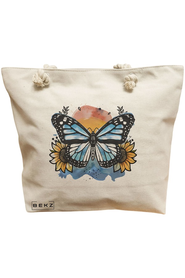 Geanta Canvas Tote pentru femei Blue Butterfly, 40x51 cm, Bej, BEKZ® 11 Geanta Canvas Tote pentru femei Blue Butterfly