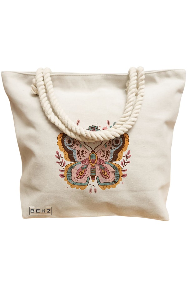 Geanta Canvas Tote pentru femei Flower Butterfly, 40x51 cm, Bej, BEKZ® 12 40x51 cm