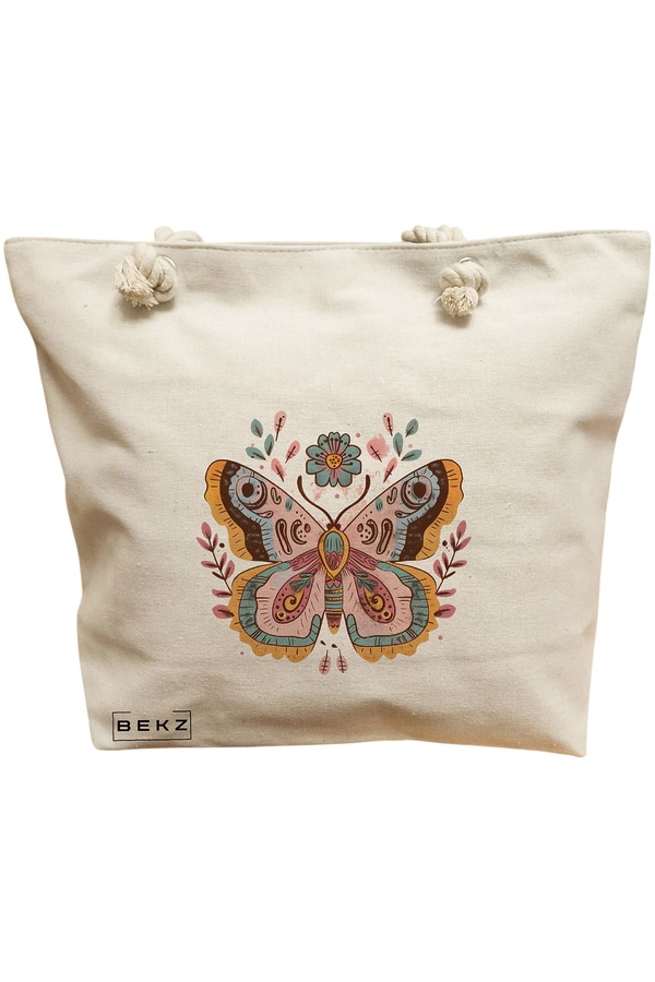 Geanta Canvas Tote pentru femei Flower Butterfly, 40x51 cm, Bej, BEKZ® 11 Geanta Canvas Tote pentru femei Flower Butterfly