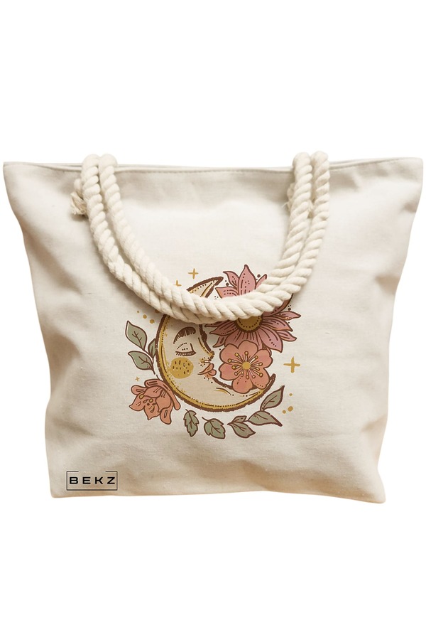 Geanta Canvas Tote pentru femei Moon Flowers, 40x51 cm, Bej, BEKZ® 12 40x51 cm