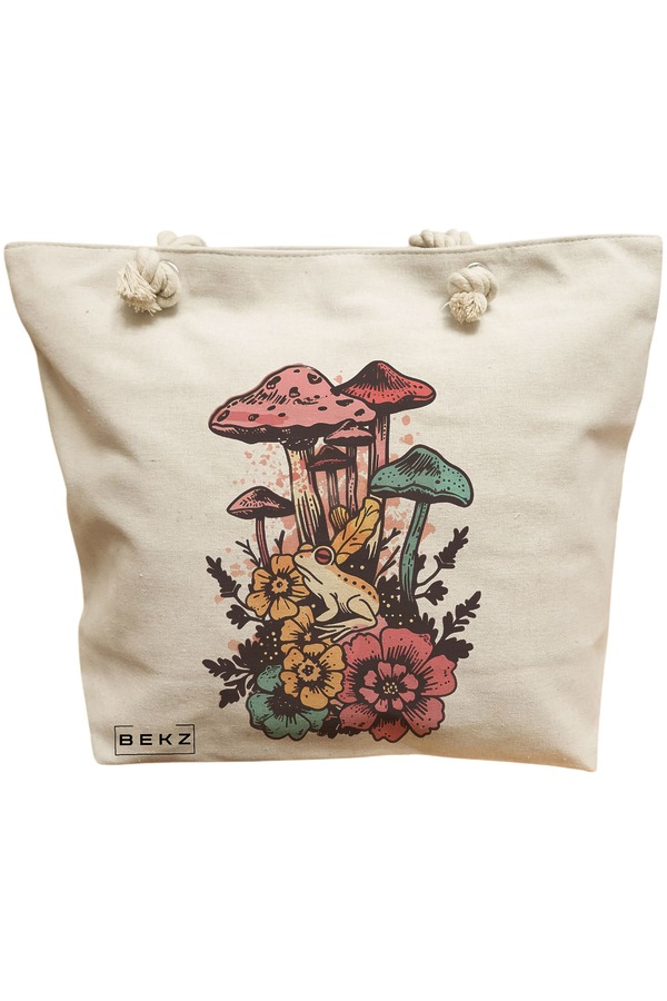 Geanta Canvas Tote pentru femei Colorful Mushrooms, 40x51 cm, Bej, BEKZ® 11 Geanta Canvas Tote pentru femei Colorful Mushrooms