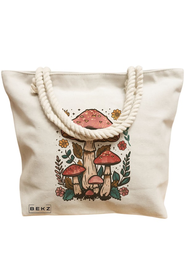 Geanta Canvas Tote pentru femei Colorful Mushrooms 2, 40x51 cm, Bej, BEKZ® 12 40x51 cm