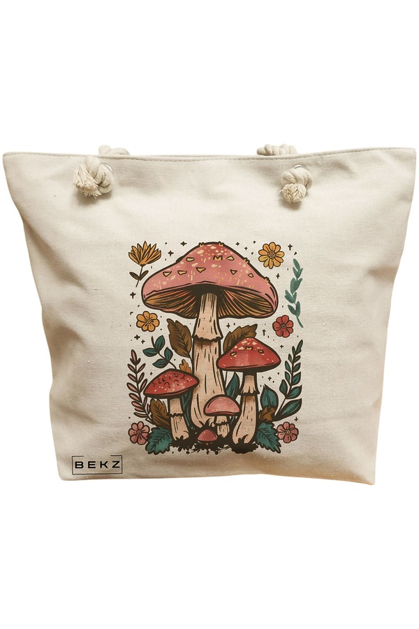 Geanta Canvas Tote pentru femei Colorful Mushrooms 2, 40x51 cm, Bej, BEKZ® 11 Geanta Canvas Tote pentru femei Colorful Mushrooms 2