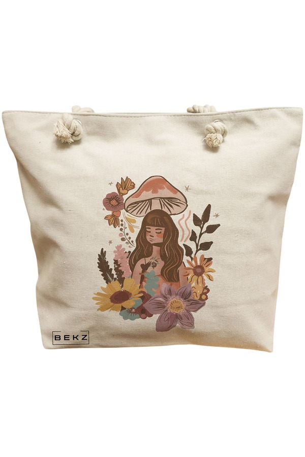 Geanta Canvas Tote pentru femei Colorful Mushrooms 3, 40x51 cm, Bej, BEKZ® 11 Geanta Canvas Tote pentru femei Colorful Mushrooms 3