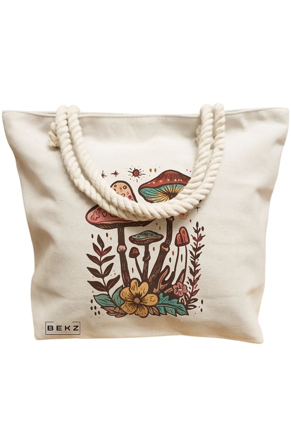 Geanta Canvas Tote pentru femei Colorful Mushrooms 4, 40x51 cm, Bej, BEKZ® 12 40x51 cm