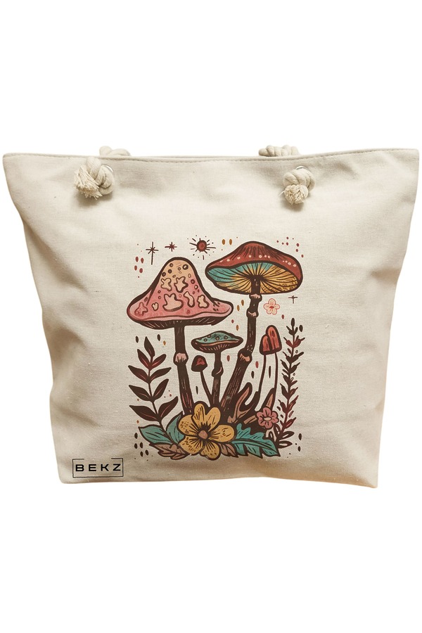 Geanta Canvas Tote pentru femei Colorful Mushrooms 4, 40x51 cm, Bej, BEKZ® 11 Geanta Canvas Tote pentru femei Colorful Mushrooms 4