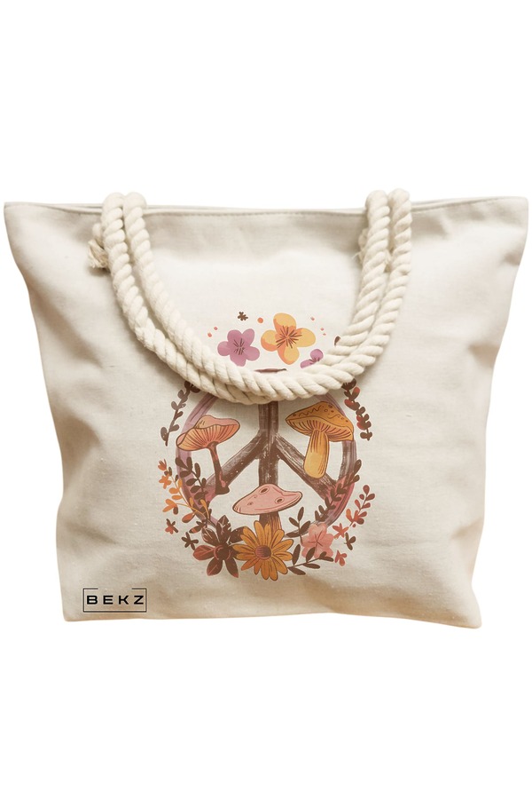 Geanta Canvas Tote pentru femei Colorful Mushrooms 5, 40x51 cm, Bej, BEKZ® 12 40x51 cm