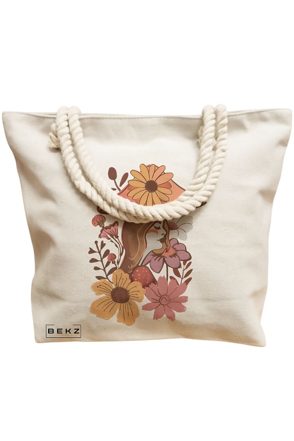 Geanta Canvas Tote pentru femei Colorful Mushrooms 10, 40x51 cm, Bej, BEKZ® 12 40x51 cm