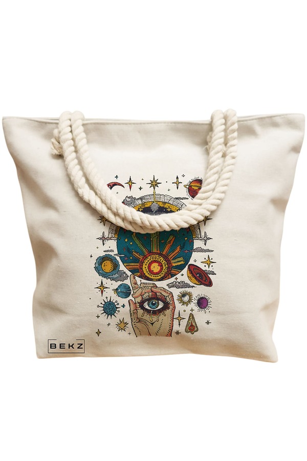 Geanta de Plaja Canvas Tote pentru femei Energy Mood 2, 40x51 cm, Bej, BEKZ® 12 40x51 cm
