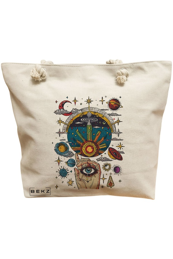 Geanta de Plaja Canvas Tote pentru femei Energy Mood 2, 40x51 cm, Bej, BEKZ® 11 Geanta Canvas Tote pentru femei Energy Mood 2