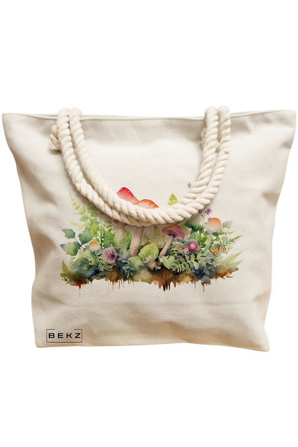 Geanta Canvas Tote pentru femei Colorful Mushrooms 11, 40x51 cm, Bej, BEKZ® 12 40x51 cm