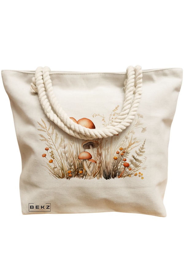 Geanta Canvas Tote pentru femei Colorful Mushrooms 12, 40x51 cm, Bej, BEKZ® 12 40x51 cm