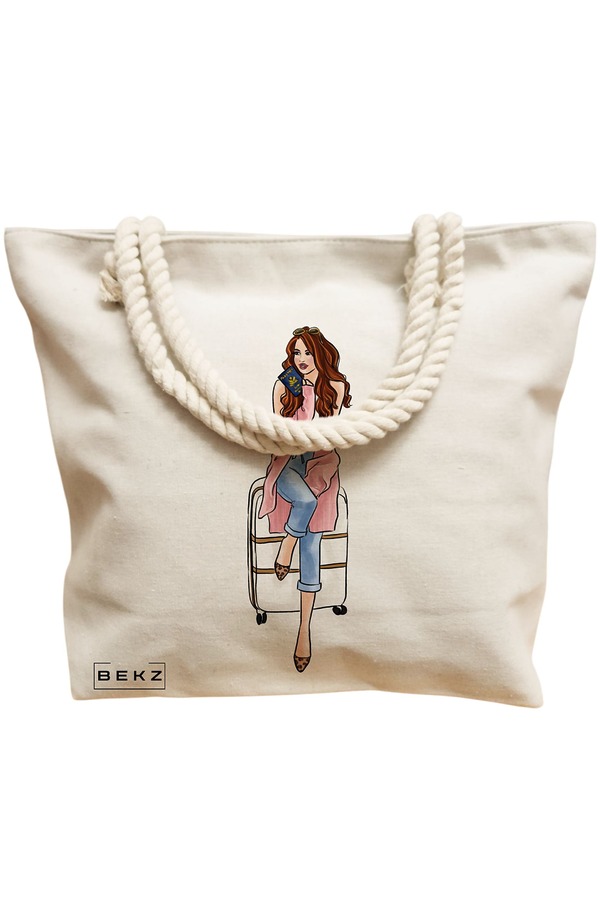 Geanta Canvas Tote pentru femei Travel Girl, 40x51 cm, Bej, BEKZ® 12 40x51 cm